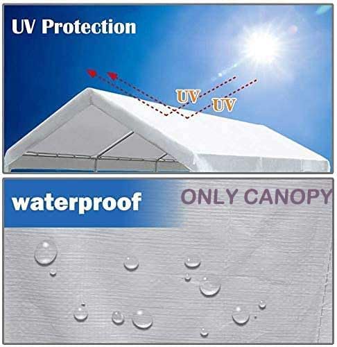 10'x20' Upgraded Carport Replacement Top Canopy Cover for Car Garage Shelter Tent Party Tent with Ball Bungees White (Only Top Cover, Frame is not Included) Vanteriam