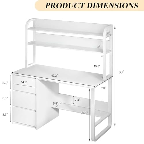 MaverickFurni 60 Inch Computer Desk with Shelves & Hutch, Home Office Desk with 3 Storage Drawers for Bedroom Work, Study Writing Table for Small Spaces, Adjustable feet, White MaverickFurni