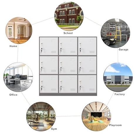 FURSTEL Student Locker Organizer, Multi-Door Steel Locker, Small Locking Cabinet Storage Organizer, Office File Cabinet, Home Locker, Gym Locker, Metal Storage Locker (9 Door, Grey & White) FURSTEL