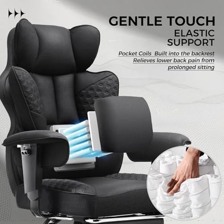 COMHOMA Big and Tall Office Chair 400LBS Wide Ergonomic Fabric Deluxe Embossing Designed Gaming Chair with Foot Rest,150°Reclining Adjustable Armrests Pocket Spring Back Support and Pillow COMHOMA