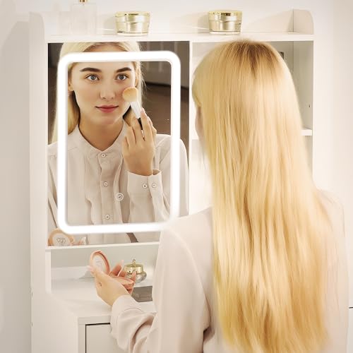 Dowinx Small Vanity Desk with Mirror and Lights, Small Makeup Vanity Desk with LED Lighted Mirror, Makeup Table with 3 Lighting Modes & Adjustable Brightness, Dressing Table for Women Girls Bedroom Dowinx