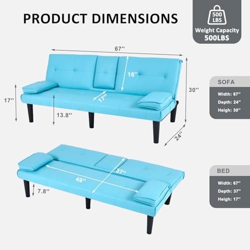 AnoYishev Futon Sofa Bed PU Leather Modern Convertible Futon Couch with Removable Armrests, Cup Holders, Loveseat Sleeper Sofa Bed for Living Room, Apartment, Small Spaces (Blue) AnoYishev