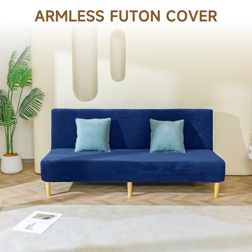 XIAROGEE Armless Futon Cover Velvet Futon Slipcover Soft Stretch Couch Covers with No Arm Sofa Bed Cover with Non-Slip Thick Plush Furniture Protector Washable Couch Slipcovers for Living Room(Navy) XIAROGEE