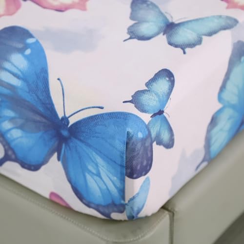 SDIII Colorful Butterfly Full Fitted Sheet with 2 Pillowcases, Not Including Flat Sheet, Soft Microfiber Deep Pocket Butterfly Bed Sheets Full Girls SDIII