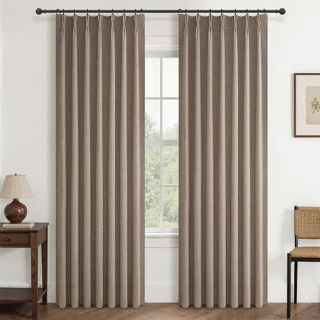 Dark Flax Living Room Curtains 86 Inches Long,Tan Pinch Pleated Linen Window Curtain Total Blackout Burlap Sunblock Thermal Drapes for Winter Cabin/Office/Nursery Room Divider (40"x86" 2panels) QJmydeco