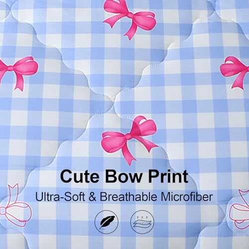 Wajade Bow Comforter Set 7 Piece Blue White Plaid Comforter Sets for Girls Kids Twin Size Checkered Bedding Set with Sheet and 2 Pillowcases 2 Pillow Shams Cute Girls Bed in a Bag as Birthday Choice Wajade