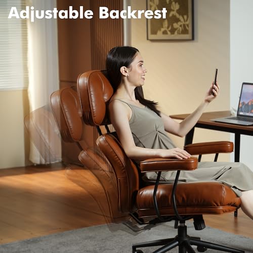 High Back Executive Office Chair with Comfortable Deep Seat,Brown PU Leather Modern Office Chair,Ergonomic Big and Tall Computer Desk Chair with Lumbar Support(Light Brown) weaxty W