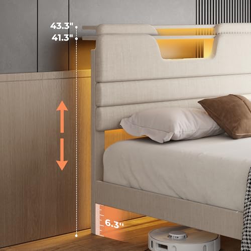 OURPIC King Size Bed Frames with Upholstered Headboard, Modern Platform Bed with Charging Station and Led Lights, Bed Frame with Sturdy Wooden Slats/No Box Spring Needed/2-Tier Storage, Beige OURPIC