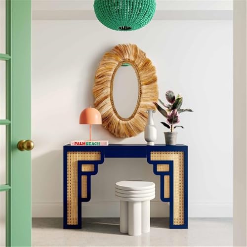 Pemberly Row Rattan Console Table, Navy Finish, Handmade Wood Construction, Transitional Art Deco Style, Rounded Edges, Woven Rattan Accents, Contemporary Living Room or Hallway Furniture Pemberly Row