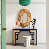 Pemberly Row Rattan Console Table, Navy Finish, Handmade Wood Construction, Transitional Art Deco Style, Rounded Edges, Woven Rattan Accents, Contemporary Living Room or Hallway Furniture Pemberly Row