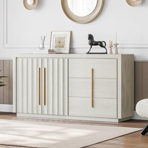 BELLEZE Sideboard Buffet Cabinet with Storage, Buffet Table with 3 Drawers and 2 Doors Storage Cabinet with Rose Gold Handles and Adjustable Shelves for Dining Room Living Rooms (Libra - White Sand)