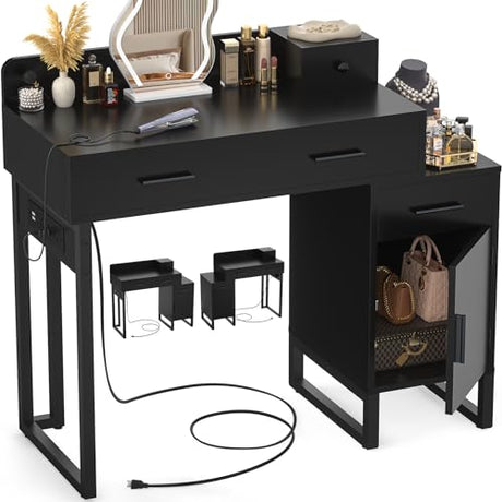 Vanity Desk with 4 Storage Drawers - Modern Makeup Vanity Table with Charging Station, Black Vanity Desk with Reversible Cabinet Dressing Table Set with Divided Organizers for Women Girls, Black Besiost