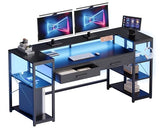 Pamray 58 Inch Computer Desk with Monitor Stand and Shelves Gaming Desk with LED Lights & Power Outlets PC Vanity Table with 2 Drawers for Home Office Black Pamray