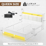 Rolanstar Bed Frame Queen Size with Charging Station and LED Lights, Upholstered Headboard with Storage Shelves, Heavy Duty Metal Slats, No Box Spring Need, Noise Free, Easy Assembly, White Rolanstar
