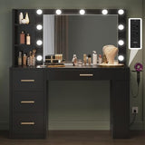 YITAHOME Vanity Desk with Mirror and Lights, Makeup Table with Charging Station, Large Vanity Set with 4 Drawers, Cute Makeup Desk with 6 Storage Shelves, Black YITAHOME