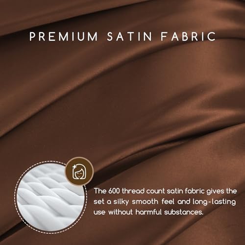 MR&HM Satin Bed Sheets, King Size Sheets Set, 4 Pcs Silky Bedding Set with 15 Inches Deep Pocket for Mattress (King, Brown) MR&HM