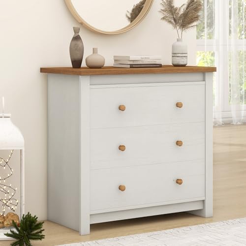 Vikiullf Farmhouse 3 Drawer Dresser for Bedroom, Tall Modern Chest of Drawers, Wood Oak Storage Chest for Bedroom, Hallway, Living Room Closet Dressers Chest, Tall Nightstand, Off White (1) Vikiullf