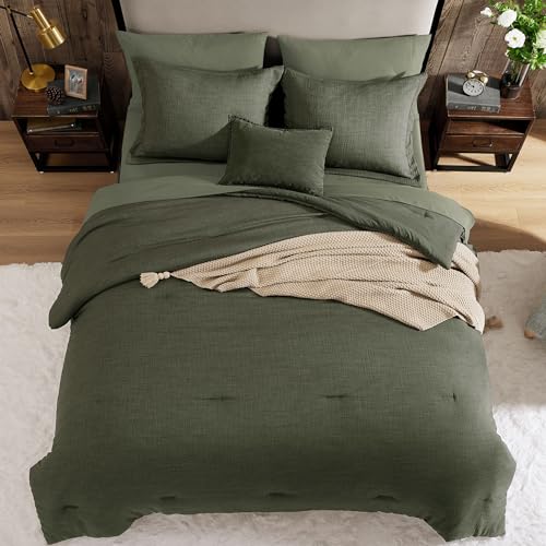 Geniospin Dark Olive Green Full Comforter Set - 7 Pieces Comforter Full Size, Solid Bedding Set for All Season, Textured Bed in a Bag with Sheets Geniospin