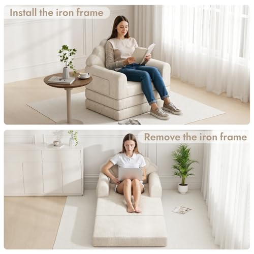 DSNAPE 2-in-1 Folding Sofa Bed with Back Support, 75" D x 34" W Convertible Futon Sleeper Chair for Adult, Fold Out Bean Bag Floor Foam Lounger Couch for Living Room Bedroom Small Space, Beige DSNAPE