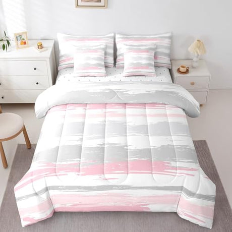 Erosebridal Abstract Pink 7 Piece Comforter Set Set Twin Modern White Grey Striped Bedding Set for Girls Women Geometric Aesthetic Oil Painting Bed in A Bag Minimalist Simple Watercolor Sheet Set Erosebridal