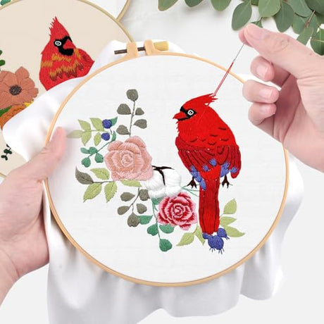 ERKOON 4 Sets Embroidery Kit, Animal Cross Stitch Set for Include Embroidery Cloth Hoops Threads for Craft Lover Hand Stitch (Cardinal) ERKOON