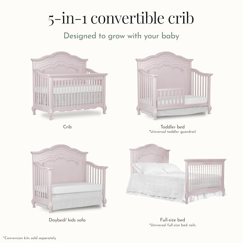 Evolur Aurora 5-in-1 Convertible Full-Size Baby Crib in Dusty Rose, GreenGuard Gold & JPMA, 3 Mattress Heights, Ribbon Bow Scrollwork & Queen Anne Feet, Converts to Toddler, Day & Full-Size Bed