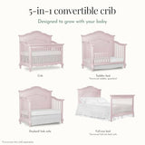 Evolur Aurora 5-in-1 Convertible Full-Size Baby Crib in Dusty Rose, GreenGuard Gold & JPMA, 3 Mattress Heights, Ribbon Bow Scrollwork & Queen Anne Feet, Converts to Toddler, Day & Full-Size Bed