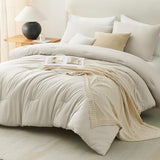 CozyLux Beige Queen Comforter Set, 3 Pieces Boho Solid Breathable Quilted Style Bedding Sets, Luxury Fluffy Soft Bed Set with Down Alternative Comforter for All Season (1 Comforter & 2 Pillowcases) CozyLux