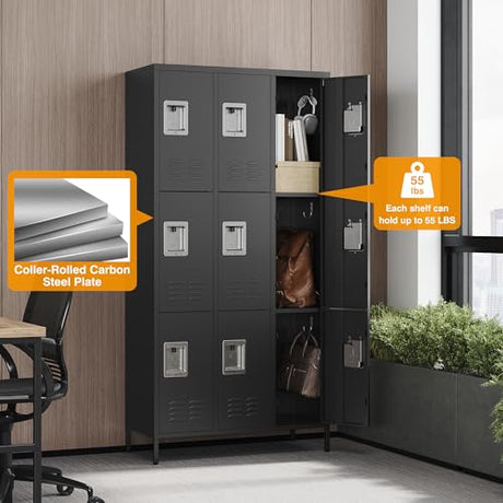 Letaya Metal Lockers for Employees-9 Door Storage Locker with Shelves and Lockable Steel Cabinet for School,Gym,Office,Staff(Black, 9 Door) Letaya