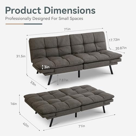 AMICLIBER Futon Sofa Bed Convertible Couch, Grey Linen Sofa Bed with Memory Foam, Adjustable Backrest & Armrests, Multifunctional Small Loveseat Sleeper Sofa for Living Room, Apartment, Office AMICLIBER