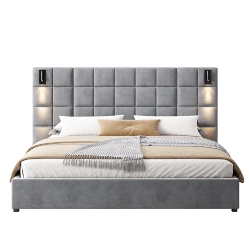 Christopher Knight Home Svens 46" High Headboard Bed, King Size Platform Bed Frame, Soft Velvet Upholstered California King Bed Frame, Square Pattern Design with Reading Lamps and USB Ports, Grey Christopher Knight Home