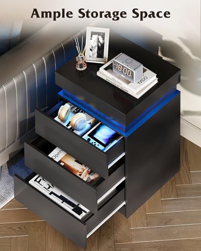 WLIVE Nightstand with Charging Station & LED Lights, Modern Night Stand with 3 Drawers and Sliding Top, Bedside Table End Table with Hidden Space for Bedroom, Living Room, Black WLIVE