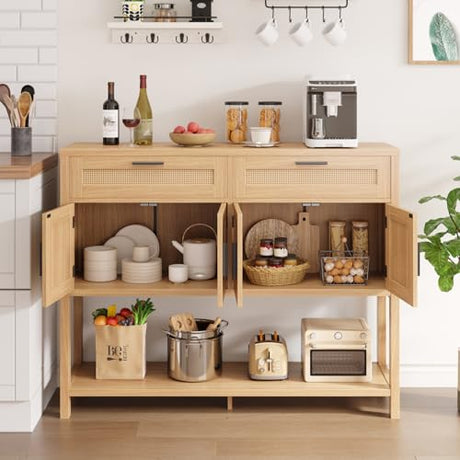 FiveWillowise Buffet Sideboard Cabinet with Open Storage, Boho Storage Cabinet with Rattan Doors and Drawers, Rattan Console Table Coffee Bar Buffet Table for Entryway, Kitchen, Living Room FiveWillowise