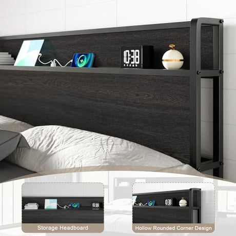 AMERLIFE King Size Lift Up Storage Bed Frame, Wooden Platform Bed Frame with Lifting Storage & Charging Station, No Spring Box Needed/Noise Free, Black AMERLIFE