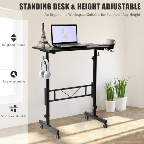 SIDUCAL Standing Desk Adjustable Height, Small Mobile Table with Wheels, Rolling Desk for Standing or Sitting, Portable Computer Desk for Walking Pad, Black SIDUCAL