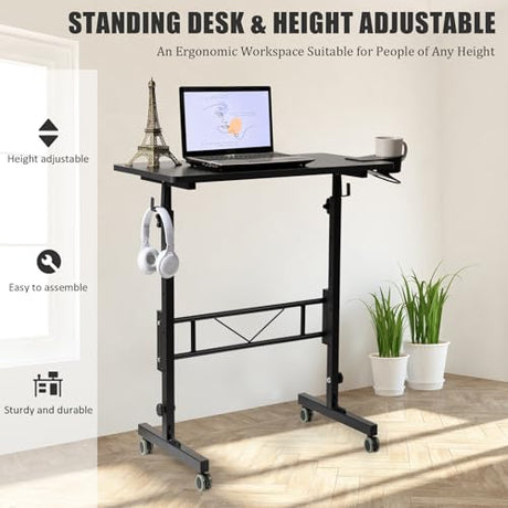 SIDUCAL Standing Desk Adjustable Height, Small Mobile Table with Wheels, Rolling Desk for Standing or Sitting, Portable Computer Desk for Walking Pad, Black SIDUCAL
