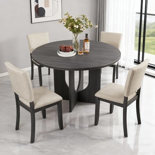 JIJIWANG 47.3" Round Dining Set with 4 Upholstered Dining Chairs, Modern Dining Table Set for 4, 5-Piece Round Dining Table Set for Living Room, Kitchen, Antique Black & Beige JIJIWANG