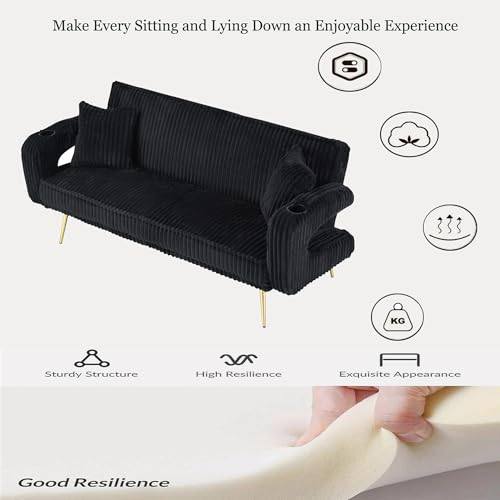 73" Convertible Futon Sofa Bed,Modern Corduroy Sleeper Couch with 3 Reclining Backrests,Golden Chrome Legs,Comfy Cloud Sofa Loveseat for Small Living Room Bedroom Office (Black) Majnesvon