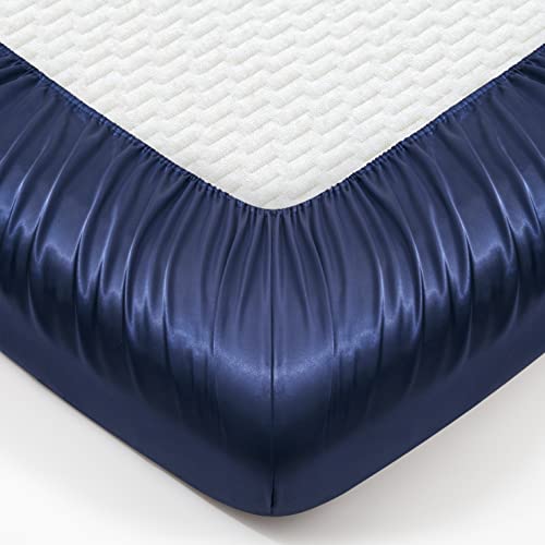 Counfeisly 2 Pieces Satin Twin Fitted Sheet & Pillowcase Set, Luxury Silky Soft Satin Bed Sheets with 1 Deep Pocket Fitted Sheet - 16" Deep Pocket Sheets, 1 Pillowcase, Navy Counfeisly