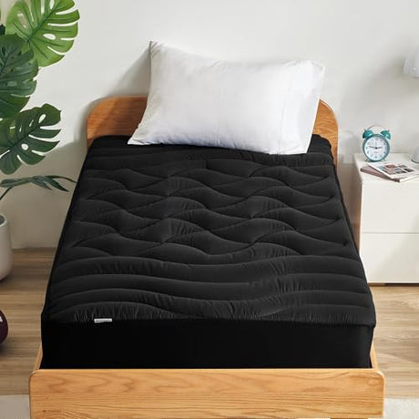SLEEP ZONE Cooling Twin Mattress Topper for Single Bed, Premium Zoned Cool Mattress Pad Cover, Padded Mattress Protector Breathable Washable, Deep Pocket 8-21" (Black, Twin) SLEEP ZONE
