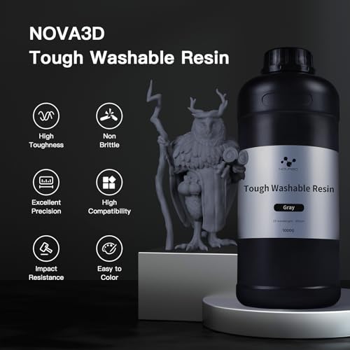 NOVA3D Water Washable ABS-Like Tough Resin, High Toughness 3D Printing Photopolymer Resin, 405nm UV Fast Cure for 12K/14K/LCD/DLP/SLA Printers, Low Odor (Grey, 1kg)