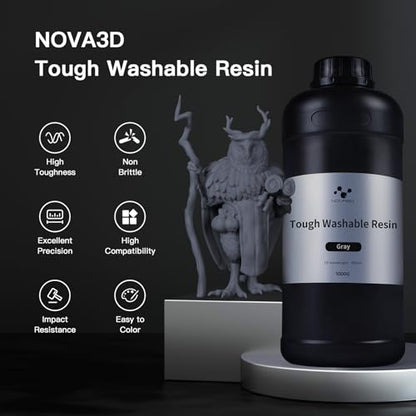 NOVA3D Water Washable ABS-Like Tough Resin, High Toughness 3D Printing Photopolymer Resin, 405nm UV Fast Cure for 12K/14K/LCD/DLP/SLA Printers, Low Odor (Grey, 1kg)