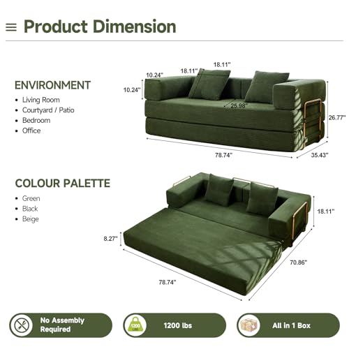 SEQAVRW 79" Boneless Sofa Bed, 5-in-1 No-Assembly Convertible Sleeper Couch with Fixed Frame Armrests, Modular Corduroy Futon, Compressed in a Box for Space Saving (Green, Includes 2 Pillows) SEQAVRW