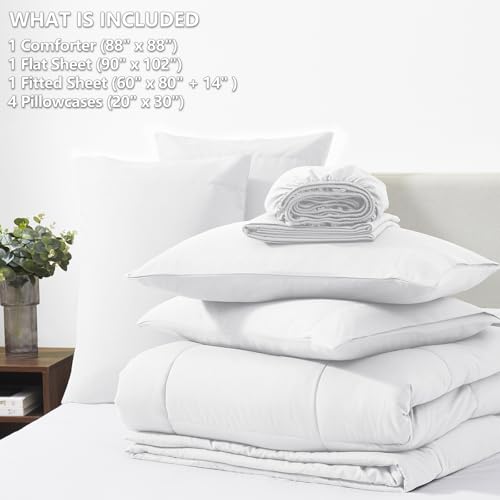 CozyLux Queen Comforter Set White, 7 Pieces Bed in a Bag, White Comforter Queen Size, All Season Bedding Sets with Stitch Quilted Comforter, Flat Sheet, Fitted Sheet, Pillowcases CozyLux