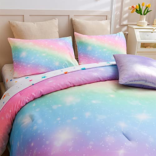 A Nice Night 6Pcs Gradient Glitter Bedding Set for Girls, Colorful Rainbow Galaxy Comforter Set, Ultra Soft Bedding Sets (Pink,Queen 6Pcs) A Nice Night