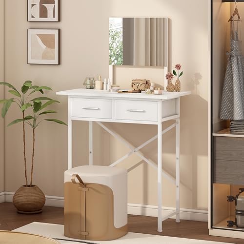 Jakyitvi Small Vanity Desk with Mirror and Drawers, White Makeup Vanity Table with Storage, Compact Vanity for Bedroom, Modern Makeup Desk for Girls, Space-Saving Vanity Table Jakyitvi