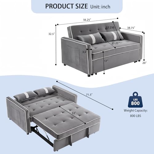 STBIGSLEP 3 in 1 Convertible Sleeper Sofa Bed, Small Couch for Living Room Bedroom with Pullout Bed Adjustable Backrest,Velvet,Loveseat Sofa Bed,Futon Couches (Grey) STBIGSLEP
