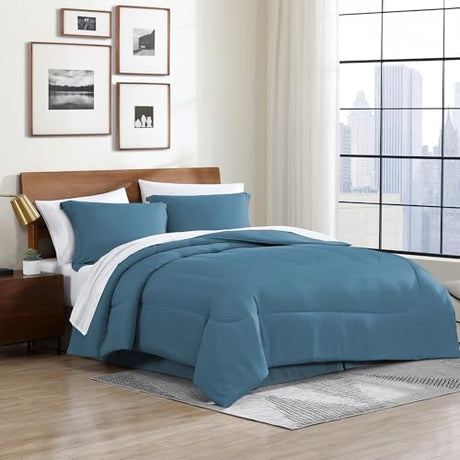 Cathay Home Basic Bedding Home Essential Ultra Soft Lightweight 8PC Wrinkle Resistant Microfiber Bed in a Bag Set (Includes Complete Sheet Set, Comforter Set & Bedskirt) - Full, Blue Cathay Home