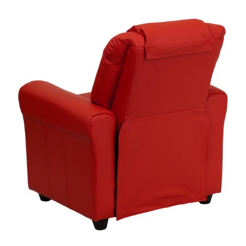 Flash Furniture Vana Vinyl Kids Recliner with Cup Holder, Headrest, and Safety Recline, Contemporary Reclining Chair for Kids, Supports up to 90 lbs., Red