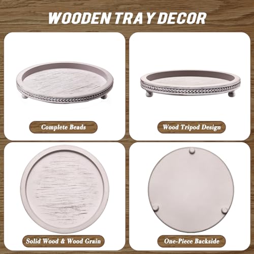 Handmade Wooden Serving Tray, Small Beaded Coffee Table Tray Decor, Grey Round Decorative Tray for Coffee Table, Dining Room Table Entryway and KULEDM